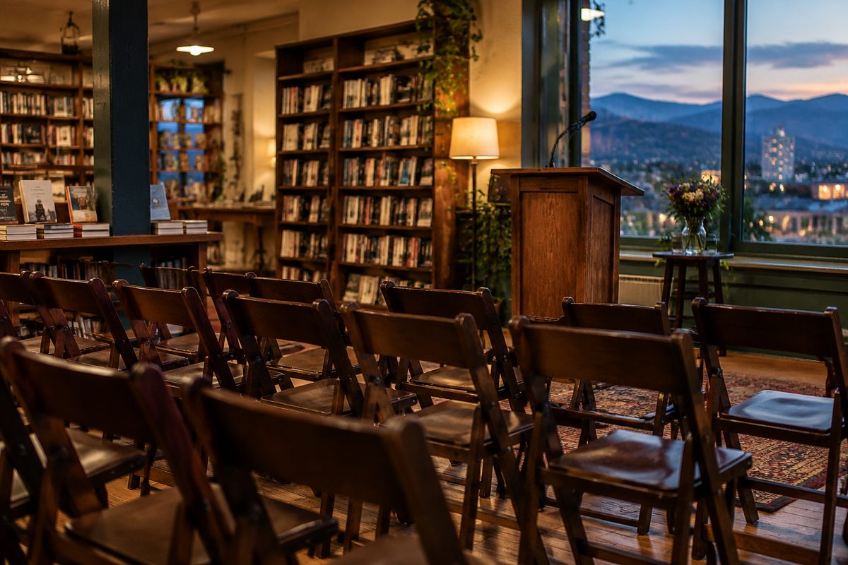 Event space prepared with wooden seating rows and podium microphone for an evening author reading.