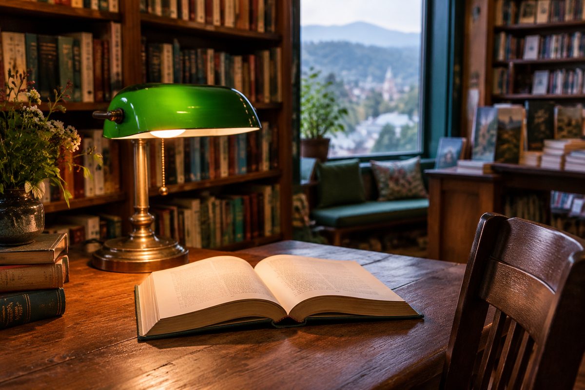 Reading alcove at Malaprop's featuring an open volume under a warm table lamp.