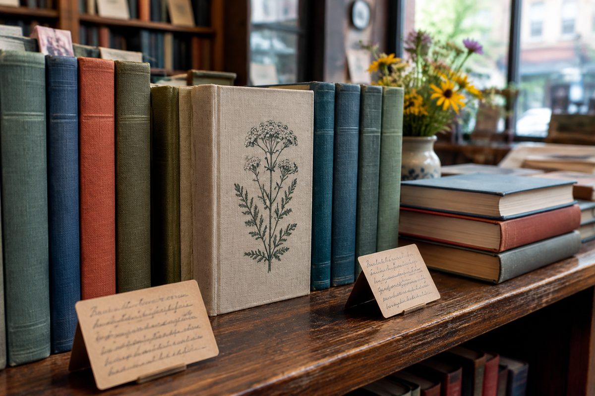 Cloth-bound hardcover books displayed on oak timber vitrines with staff recommendation cards.