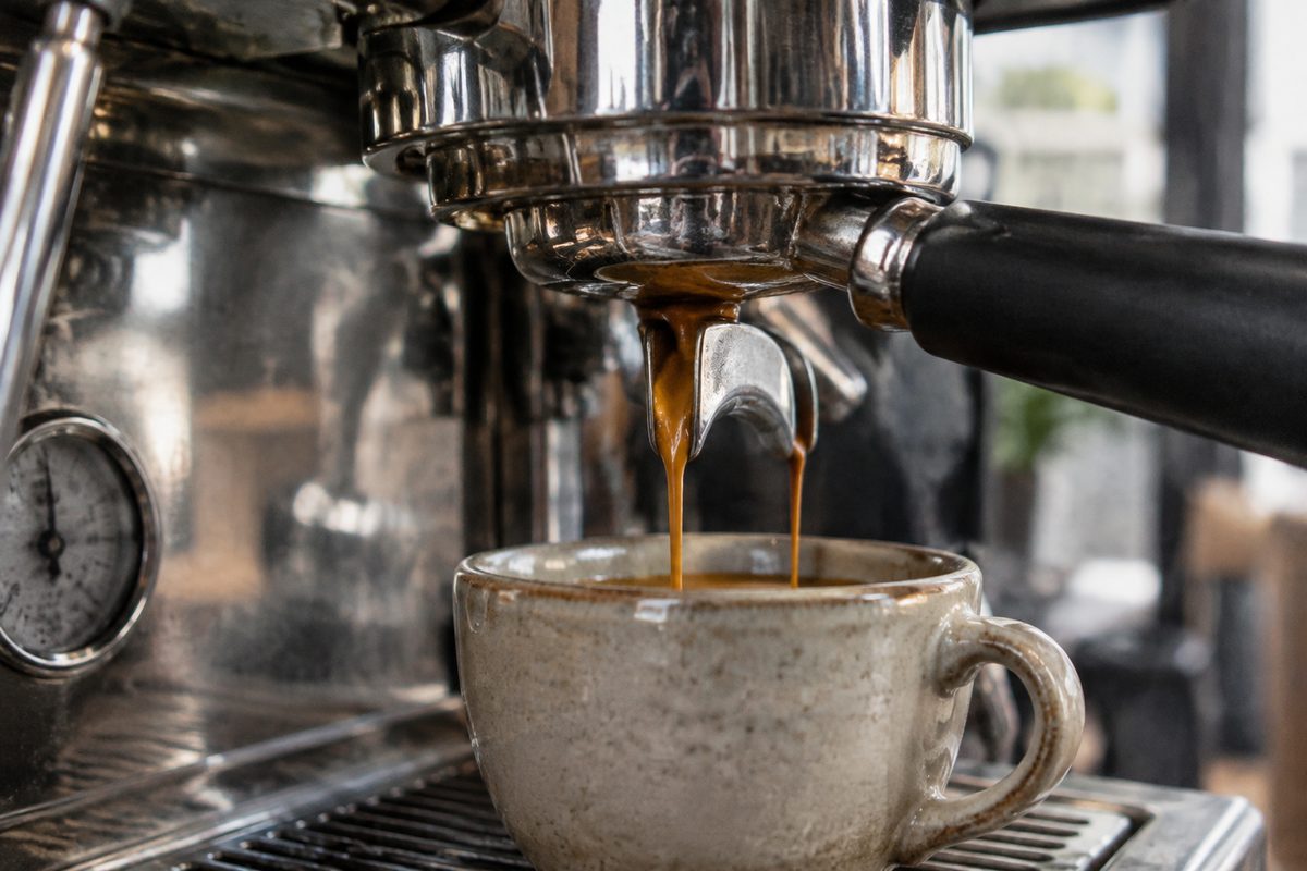 Double shot of craft espresso extracting from a commercial multi-boiler grouphead.