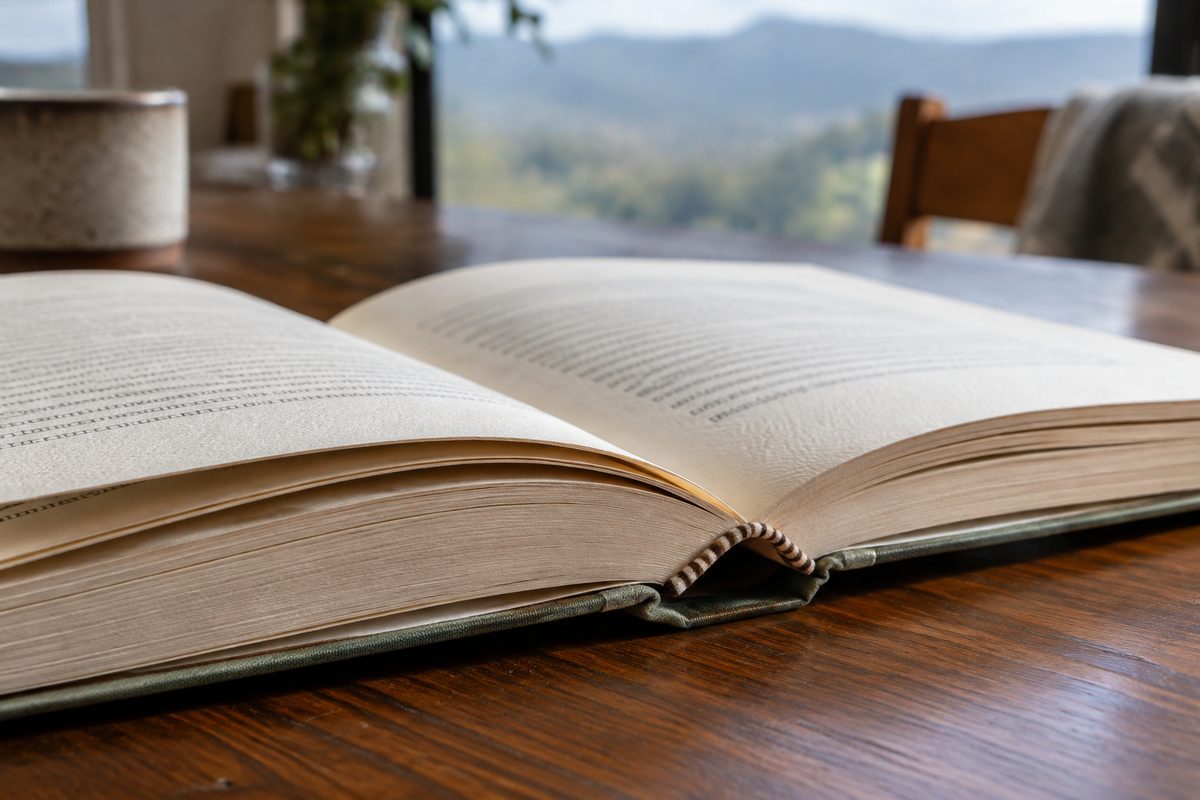 Detailed close-up of a smyth-sewn clothbound volume resting at an angle on a bookstore table.