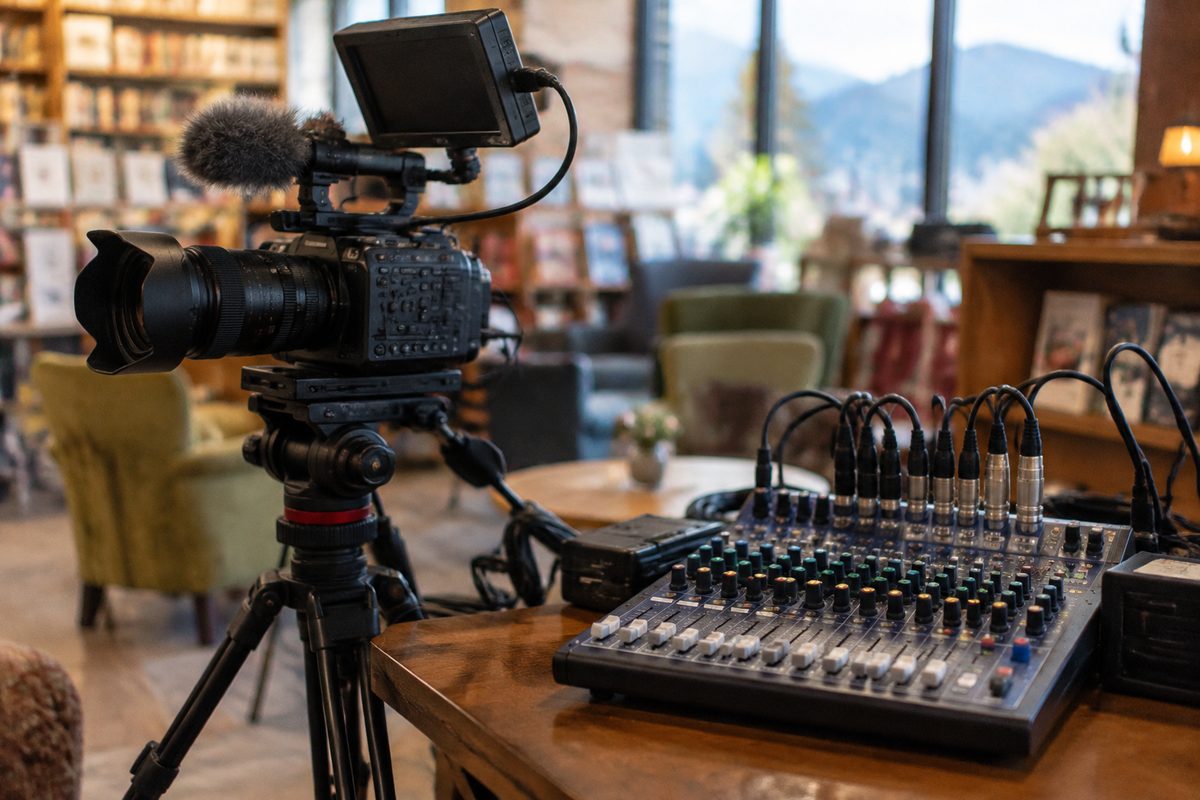 Sound console and video capture equipment for hybrid author event broadcasting.