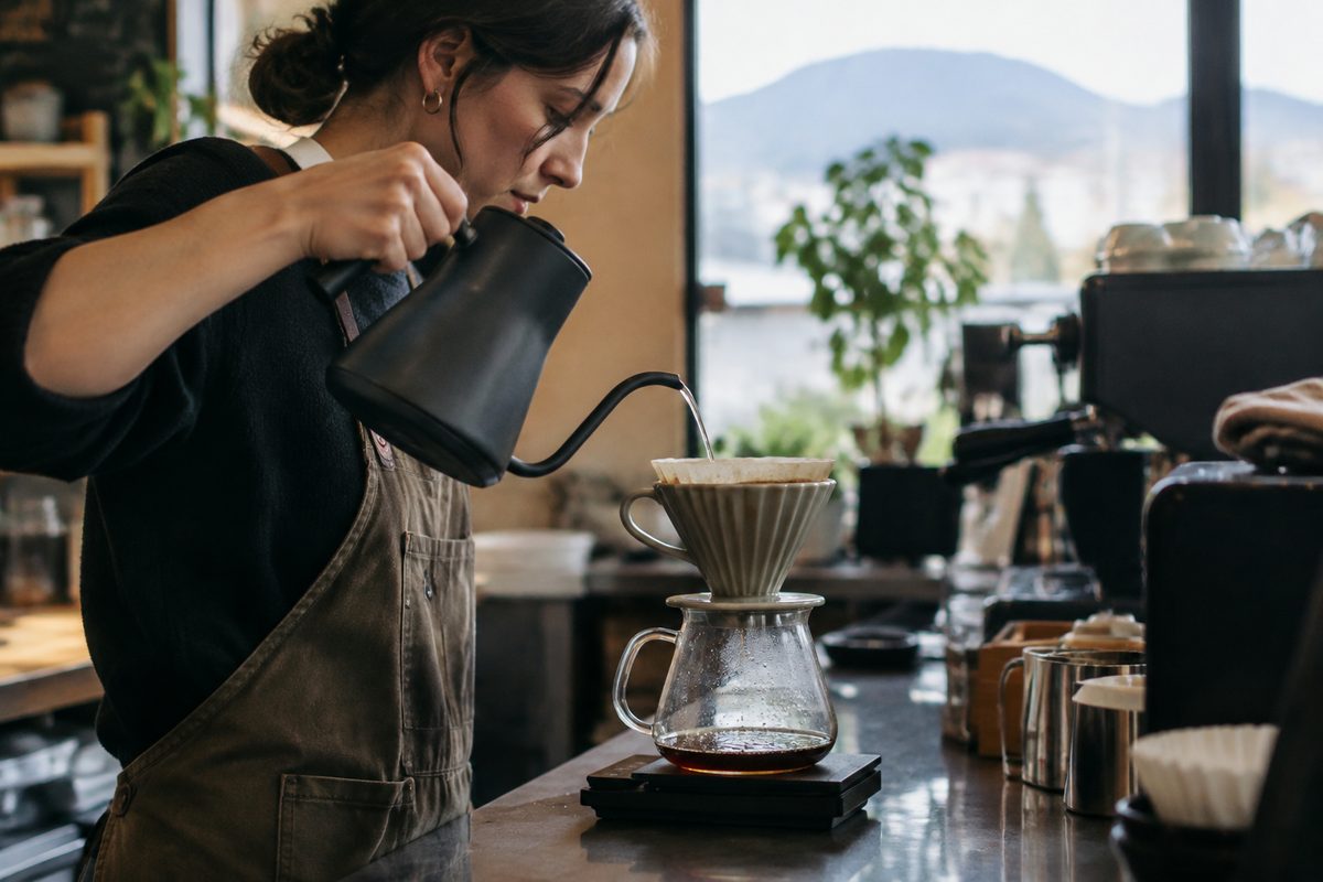 Single-origin pour-over coffee brewing slowly at the cafe counter.